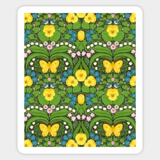 Dollhouse garden, Yellow pansies, birds and butterflies Sticker